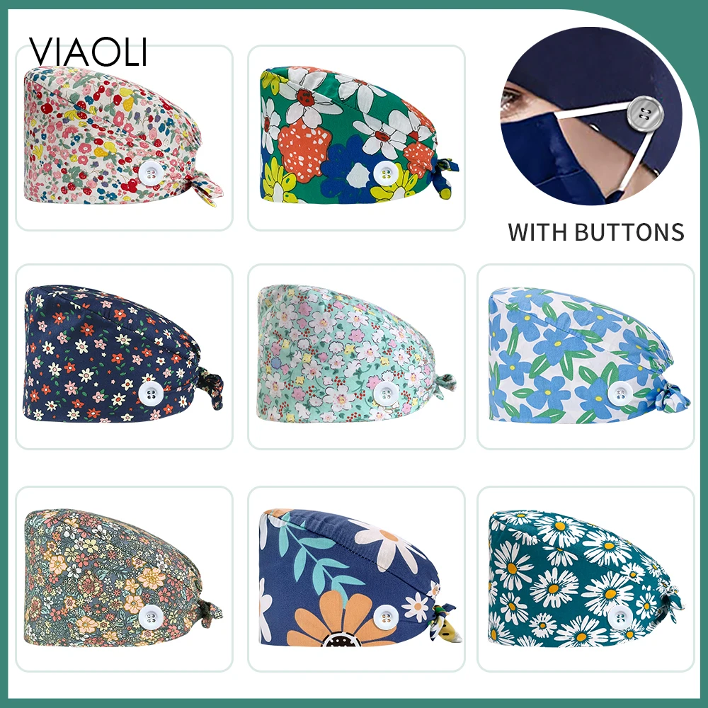 

Nurse Scrub Hat Floral Round Sanitary Cap with Sweatband Printing Nursing Caps Scrub Cap Laboratory Dustproof Work Hat Wholesale