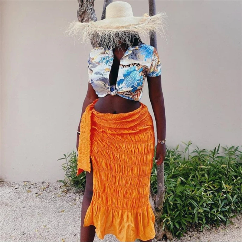 

European And American Style Women's Summer Woven Short Skirt New Fashion Sexy Pleated Skirt Solid Color Knotted Slit Slim Skirt