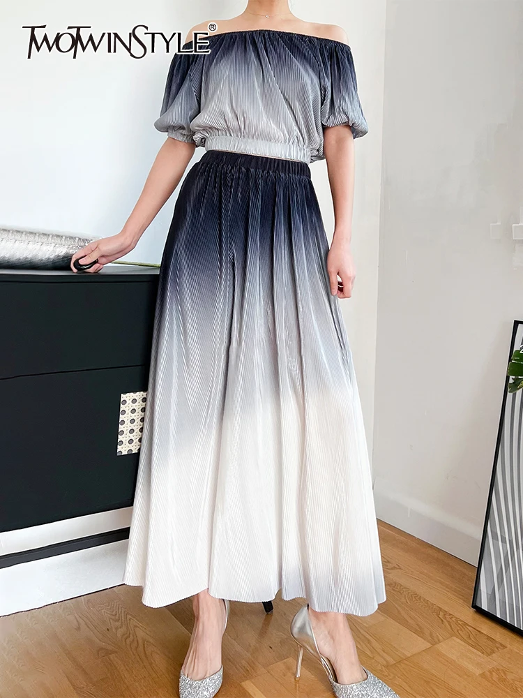 

TWOTWINSTYLE Vintage Ombre Two Piece Set Women Slash Neck Short Sleeve Tops High Waist A Line Midi Skirts Colorblock Sets Female
