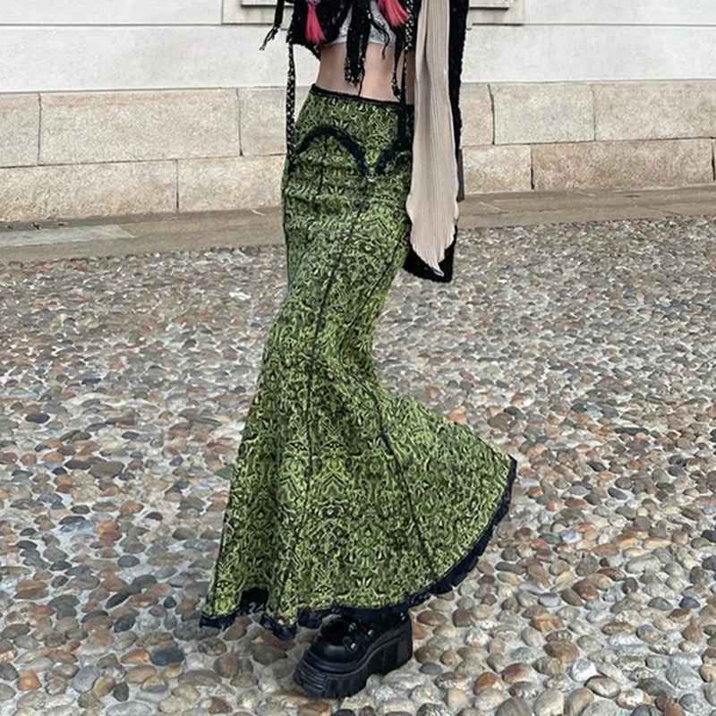 

2023 Women Vintage Printed Reverse Lace Elastic Waist Slim Fishtail Long Skirt Clothing