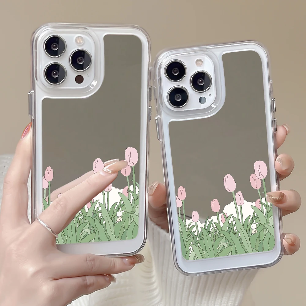 

ins Korea Tulip Phone Case for IPhone 14 Plus 13Pro 12Pro 11 Pro Max Cover for IPhone 13 12 11 Luxury Mirror Transparent Fundas