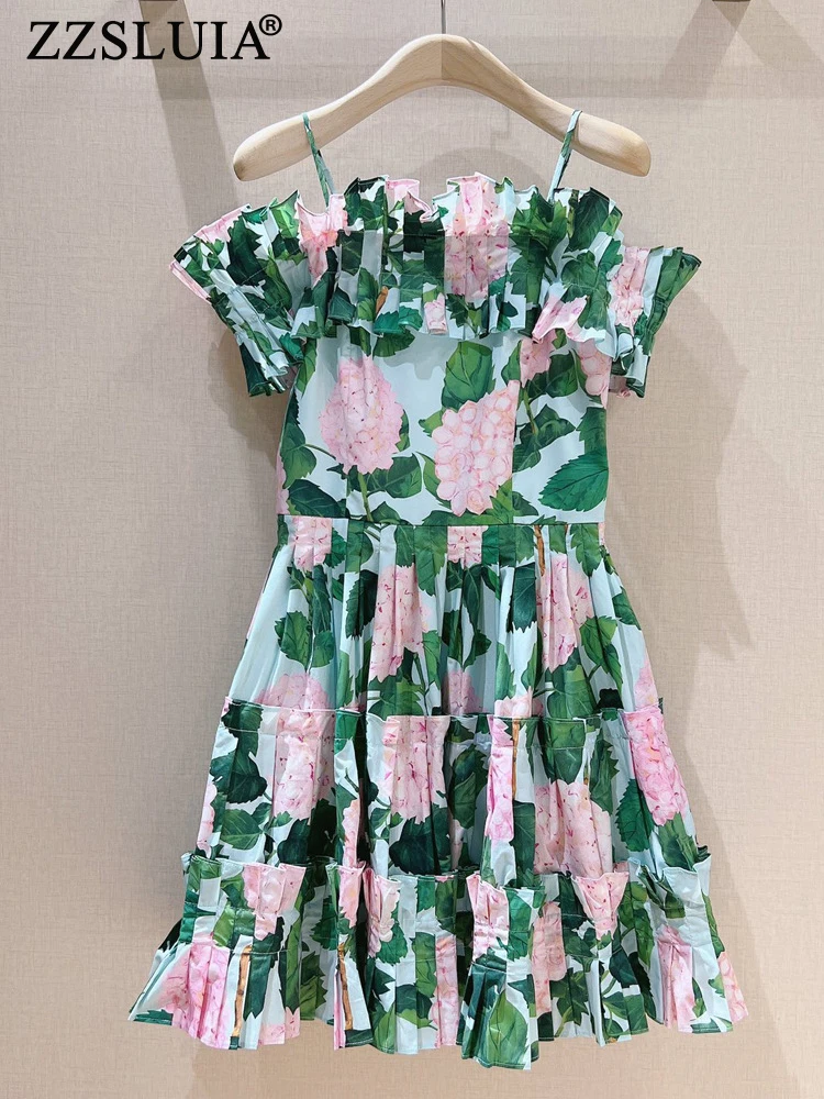 ZZSLUIA Cotton Dresses For Women Hydrangea Printed Shirring Designer Slim Summer Sling Dress Fashion Ruffles Elegant Dresses