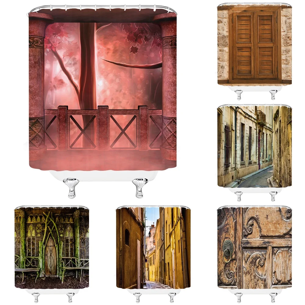 

Rustic Wooden Doors Windows Shower Curtain Bathroom Medieval Stone Arch Old Street Scenery Fabric Bath Bathtubs Curtains Decor