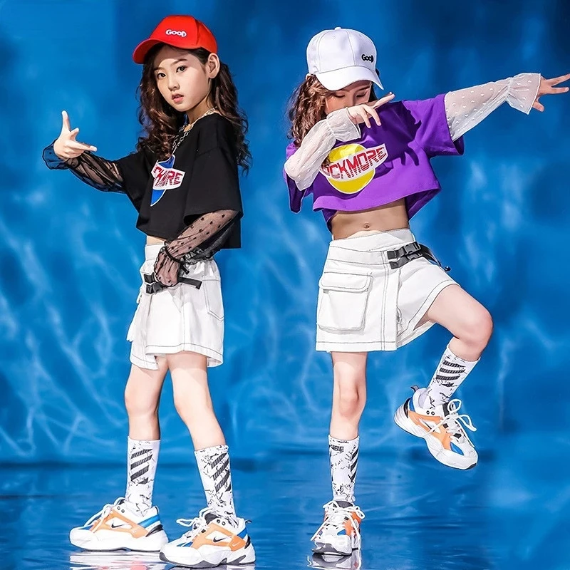 

Hip Hop Girls Lace Sweatshirt Mini culottes Kids Jazz Crop Top Pantskirt Child skirt Clothes Sets Stage Street Dance Costumes
