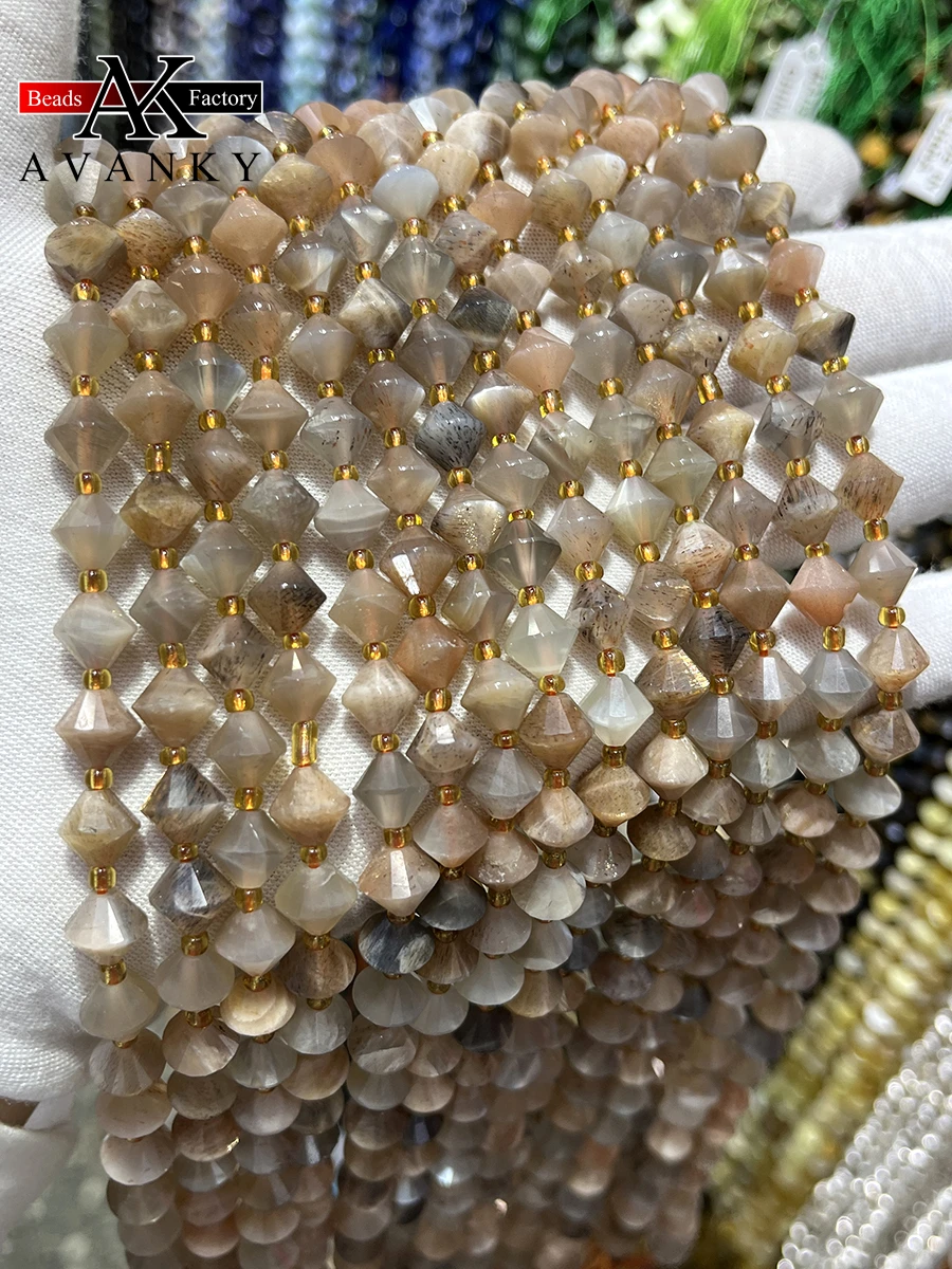 

Natural Colore Moonstone Stone Round Crystal Pyramid Beads Faceted Loose Spacer For Jewelry Making DIY Necklace Bracelet 15''8mm