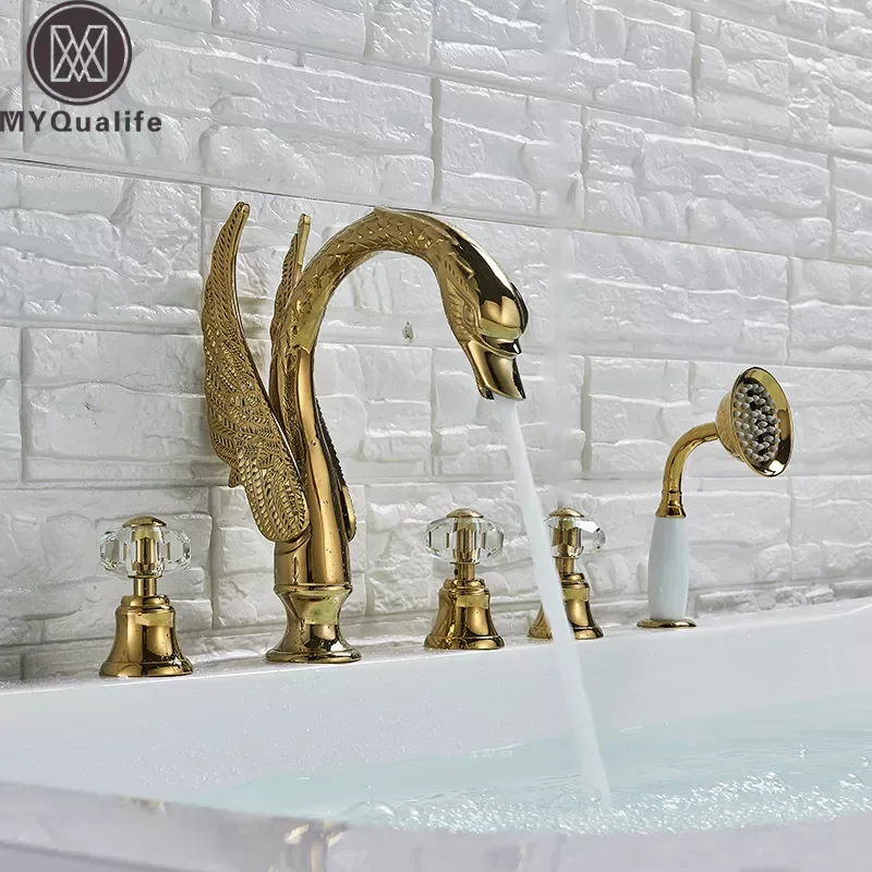 

Widespread Swan Bathtub Faucet Golden Tub Mixer Tap Deck Mounted 3 Handle Swan Bath Shower Set with Pull Out Handshower Head