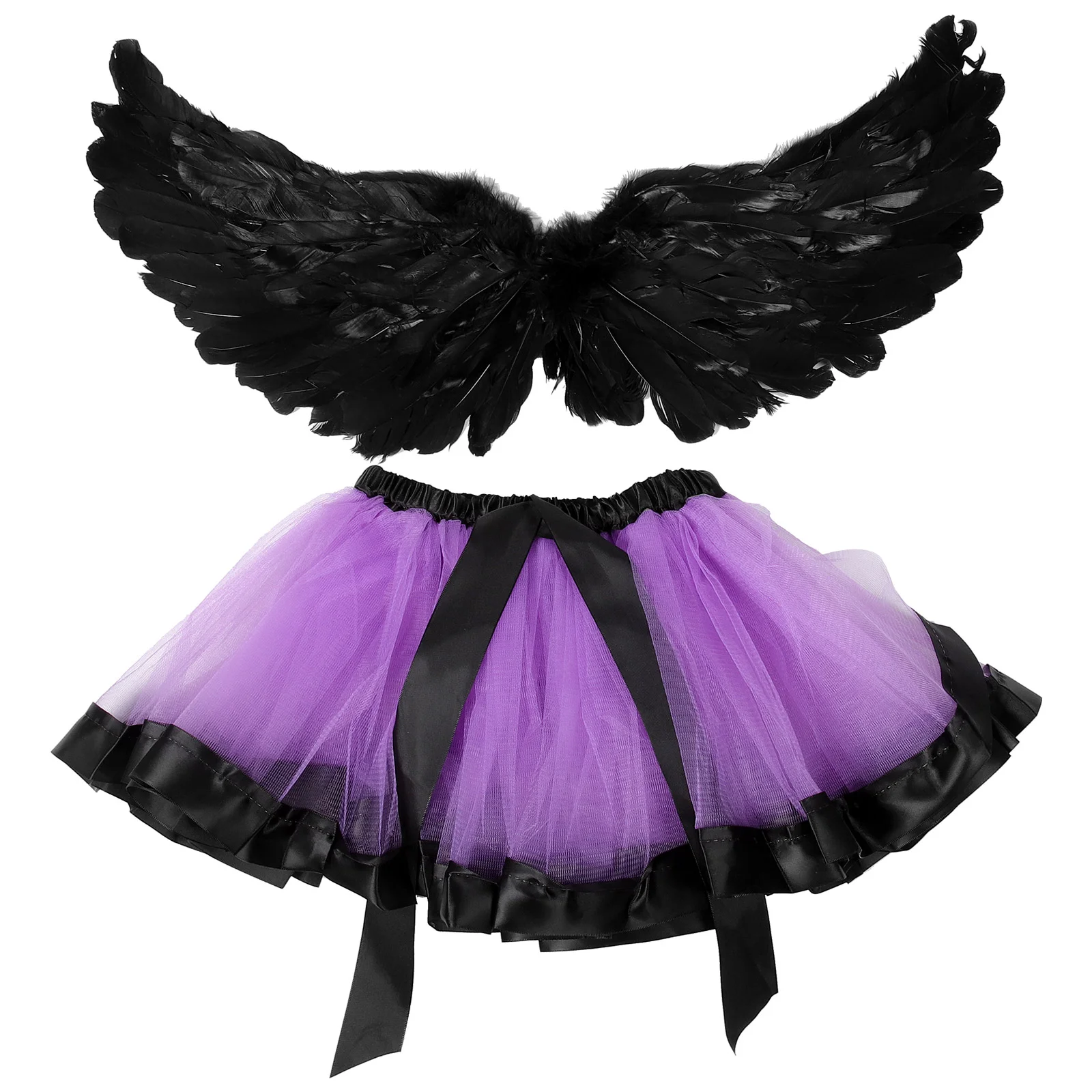 

Black Dress Girls Angel Prop Cosplay Wings Two Piece Suit Halloween Costume Child