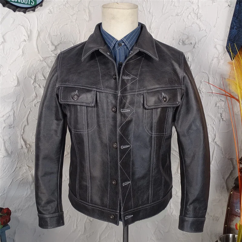 

Free shipping.classic style Batik leather jacket,quality slim biker cowhide coat.vintage 1.2mm tanned leather clothes.