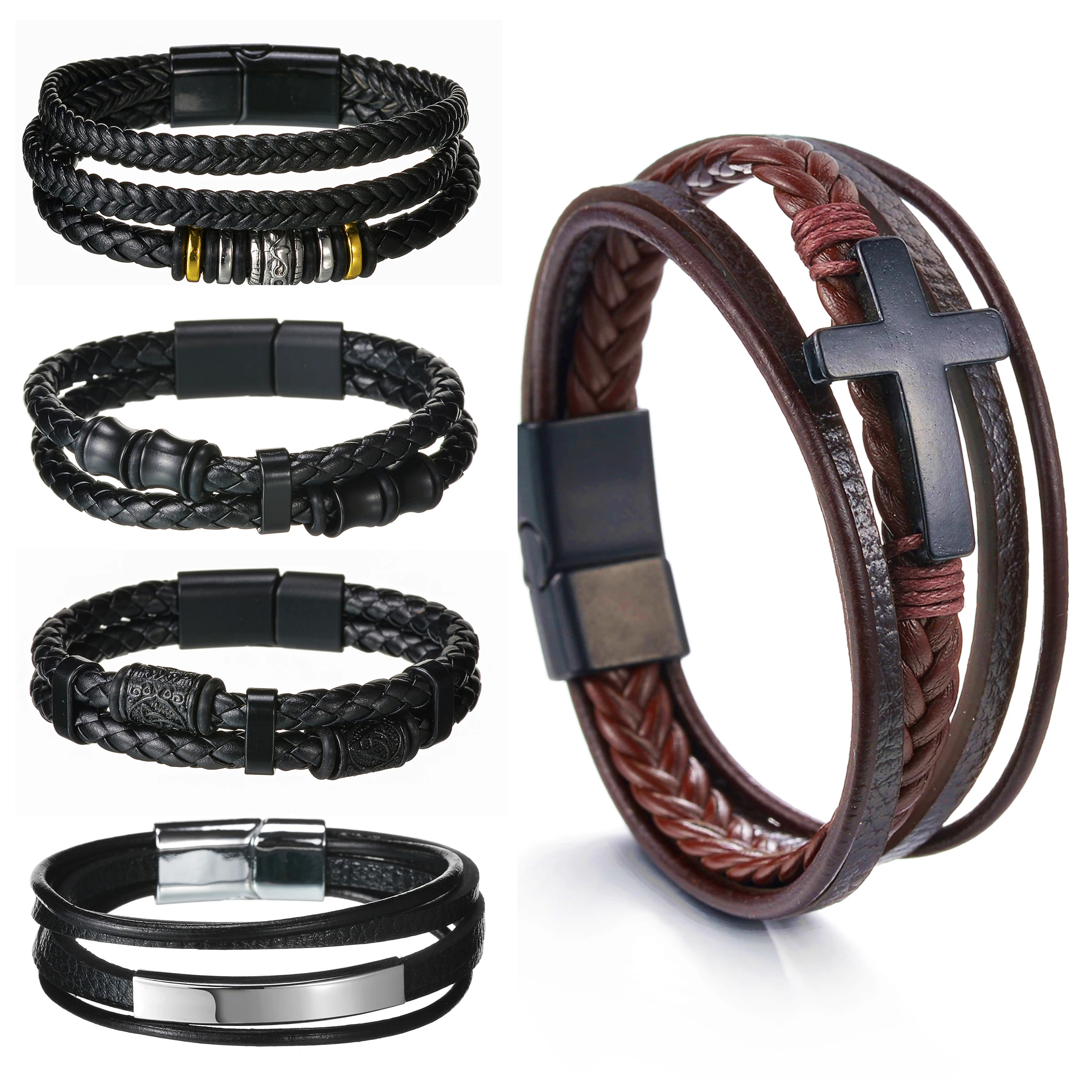 

MeMolissa Luxury Stainless Steel Cross Brown Bracelet Fashion Men's Jewelry Multilayer Braided Leather Bracelet Hot Selling