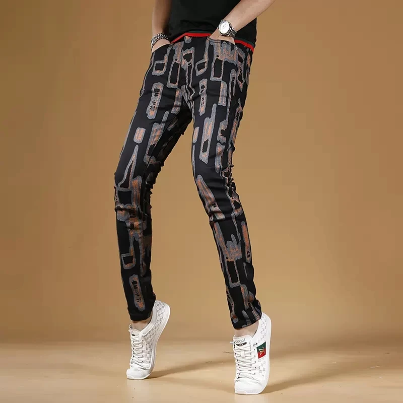 Summer Men Fashion Printed Black Jeans Streetwear Casual Slim Fit Straight Pants Geometric Digital Printing Denim Trousers