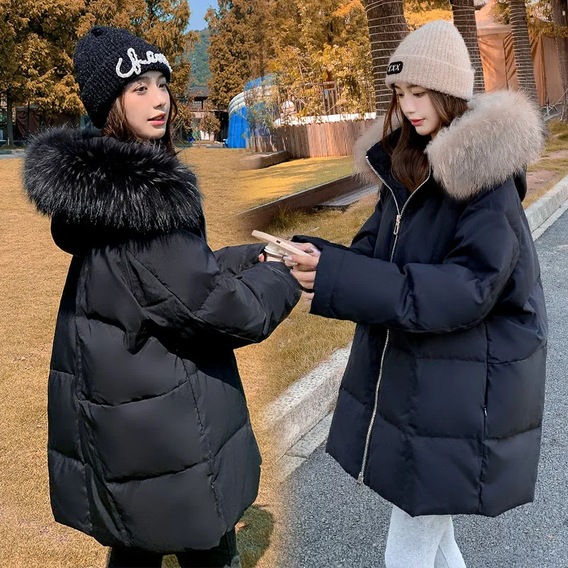 Women Down Jackets Raccoon Fur Collar Coats Winter Windproof Loose Thick Medium-length Models Jacket Overcoat Outwear Hoody Warm