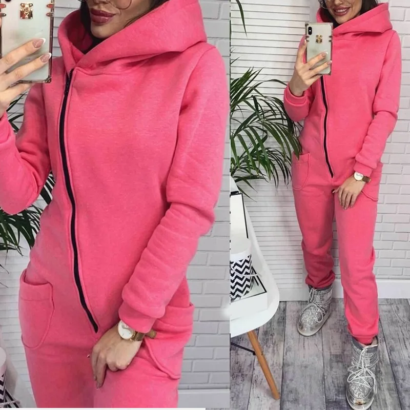 

Ladies Clothes Women's Jumpsuit Fleece Zipper Pocket Long Sleeve Hooded Rompers Solid Warm Romper For Women 2022 Spring Fashion