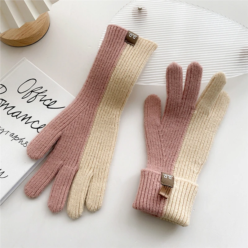 

1 Pair Two-color Knitted Gloves Unisex Couple Woolen Knitting Mittens Autumn Winter Outdoor Classic Soft Gloves Hand Warmer New