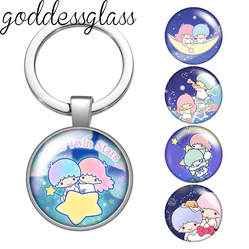 MINISO Little Twin Stars Cute Cartoon Photo cabochon key chain Ring Holder Charms silver color pendant for Kid