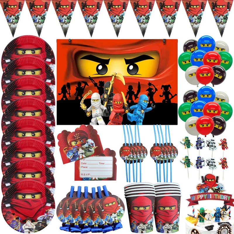

Украшения для дня рождения Ninjago, шары, мультяшная одноразовая посуда, детские салфетки, чашки, тарелки, шляпы, ниндзя
