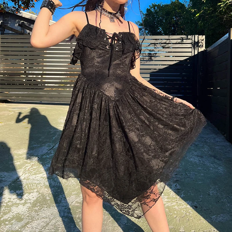 

Gothic Style Black Women Sling Dress Spaghetti Strap Lacing Lace Patchwork Irregular Corset Summer Mini Dress Girl Streetwear