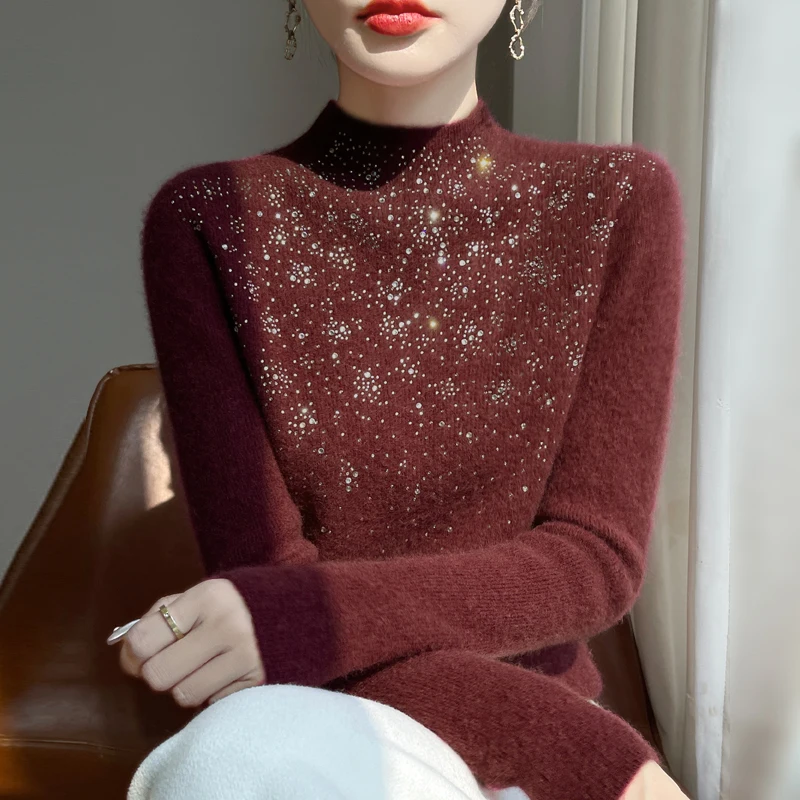 Весенне-осенний вязаный свитер женский топ с воротником-стойкой и длинным