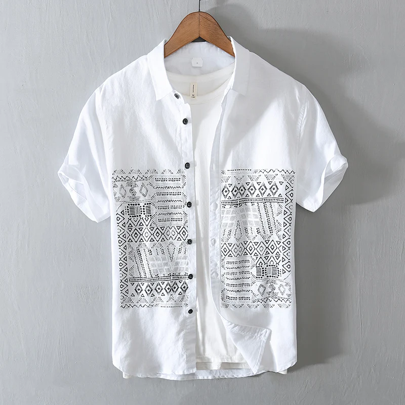 

Designer new Chinese style cotton Linen shirt men short sleeve white print shirts for men retro breathable mens clothing tops
