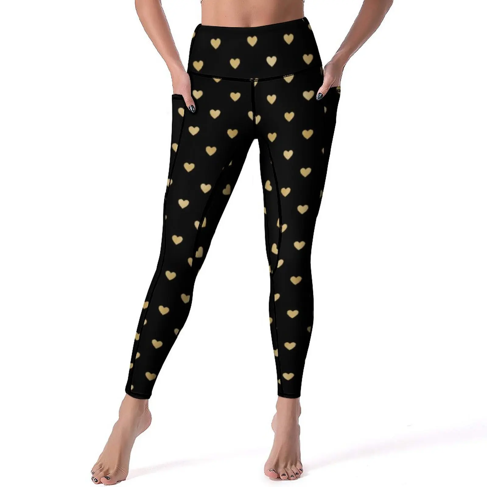 

Heart Print Leggings Scattered Gold Hearts Workout Yoga Pants Push Up Elegant Leggins Stretchy Custom Sports Tights XL XXL