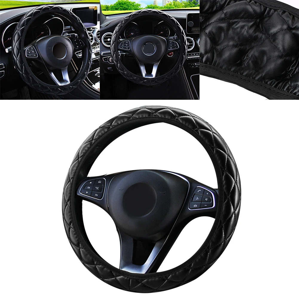 

Car Steering Wheel Cover Car Interior Accessories Black PU Leather Case 37-38cm Soft Leather Fashion Comfortable And Wearable