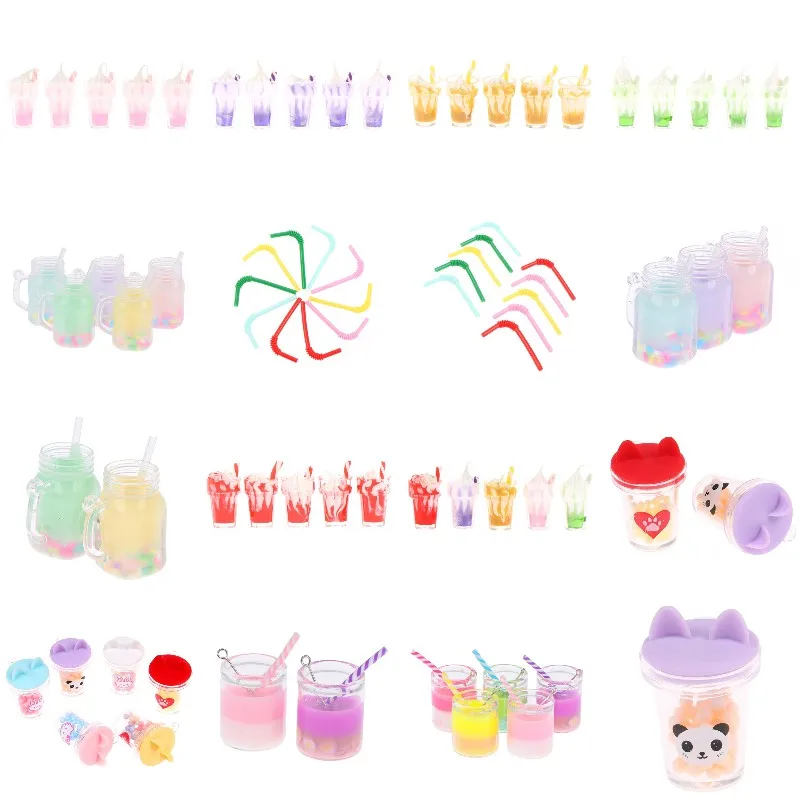 

1/12 миниатюрная еда для кукольного домика, мини-бутылка, чашки для молока и чая, моделирующая модель напитков, соломинки, аксессуары для кукольного домика