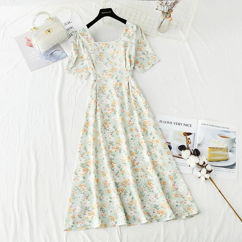 

Summer New Flower Chiffon French Retro Midi Dress Women Elegant Fairy Sweet Square Neck Waist Slim Party Dresses Vestidos
