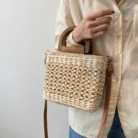 square rattan basket bag womens hollow straw shoulder crossbody bag drawstring handbags female fashion top handle bag purses