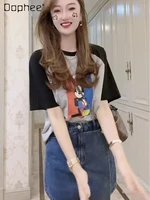 summer thin cartoon printed short sleeved t shirt women color matching korean style versatile round neck pullover cotton top