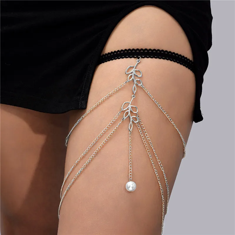 

Fashion Women Insect Butterfly Leaves Leg Chain Summer Body Jewelry Beach Style Ladies Silver Color Metal Multilayer Thigh Chain