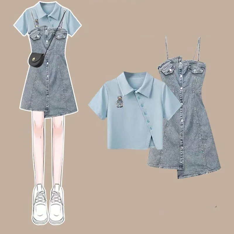 Женский летний комплект из двух предметов: футболка-поло с коротким рукавом и