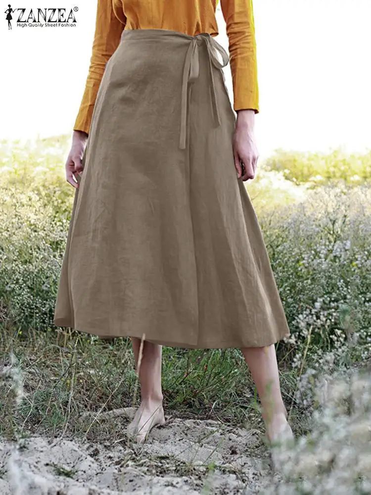 

ZANZEA 2022 Kaftan Women Autumn Sundress Solid Skirts High Waist Maxi Vestidos Female Lace Up Robe Femme Faldas Saia Oversized