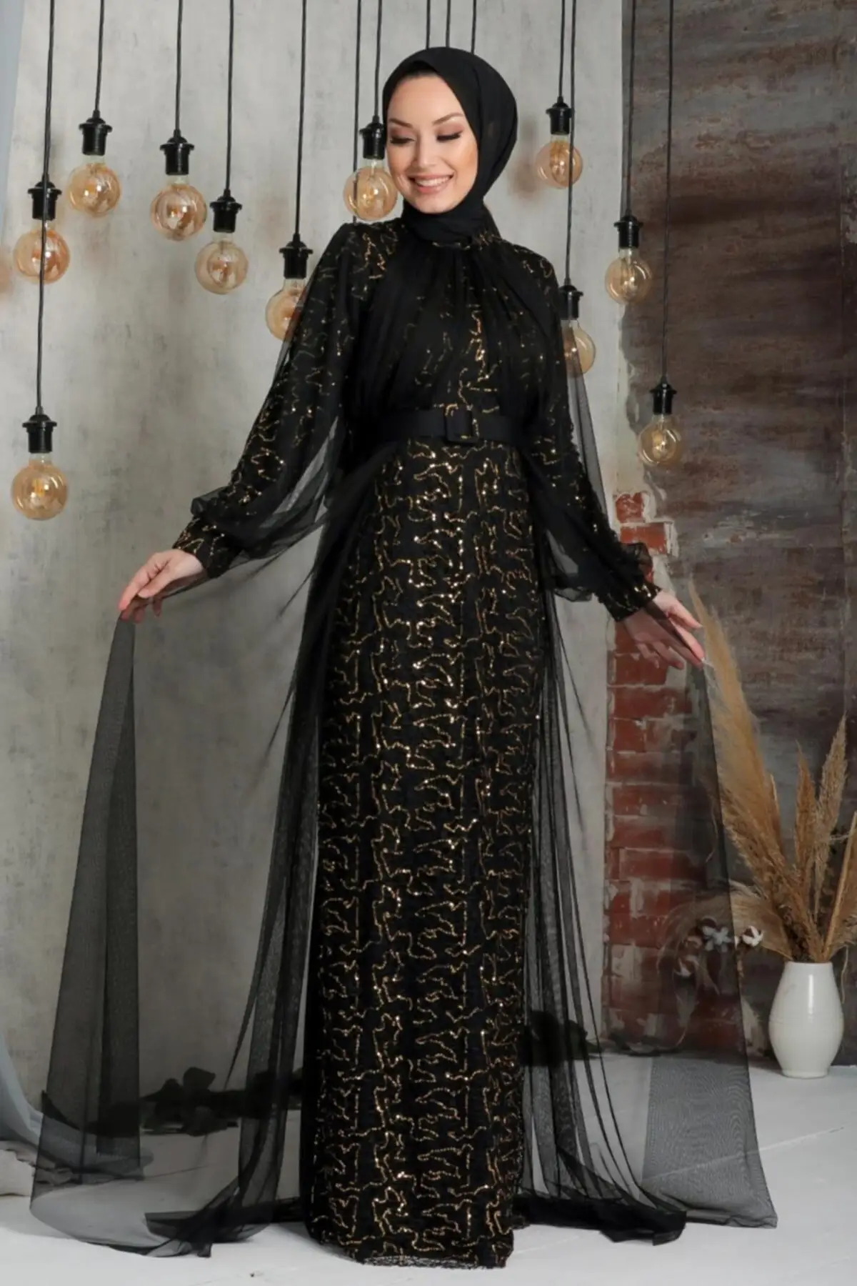 

Veil Evening Dress-Sequins Sequined Gold Hijab Evening Dress 54410Altın