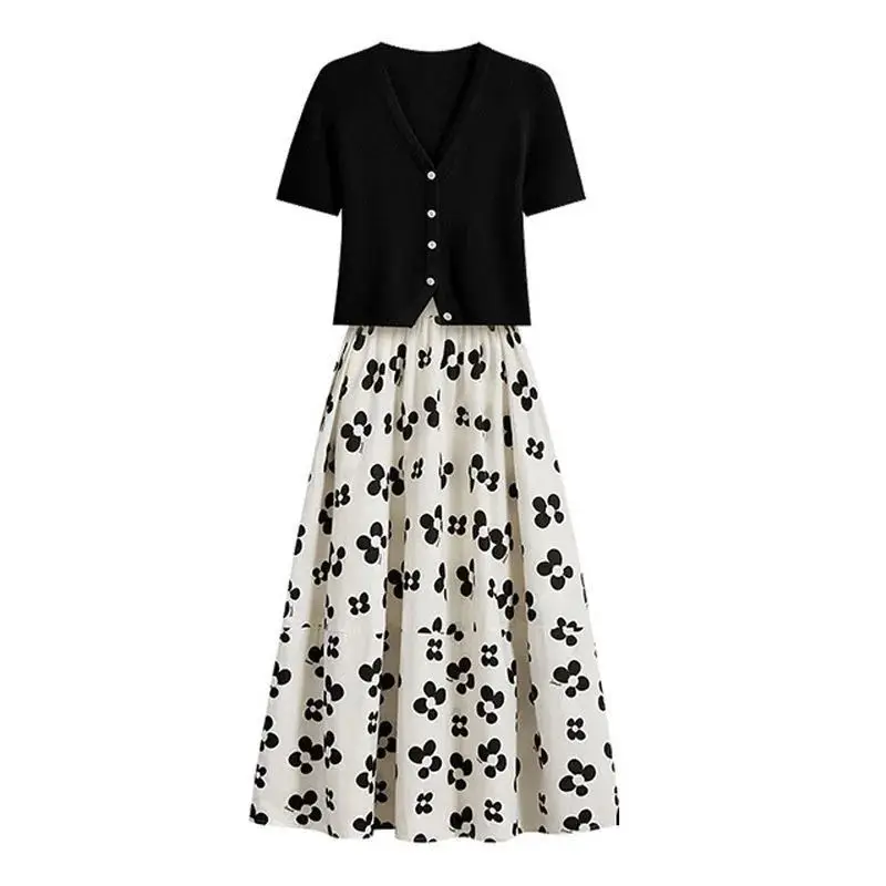 

Floral Print Skirt Suit Women Tops + High Waist A-line Pleated Long Skirts Female Two-piece Matching Sets Women's Clothing Q647