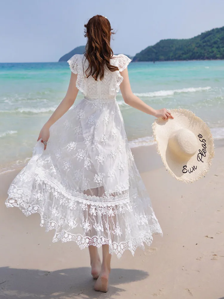 SMTHMA 2022 Новая мода Винтажный элегантный женский летний платье с оборками, вышивкой кружева, вырезом, средней длины, длинные платья Vestidos.