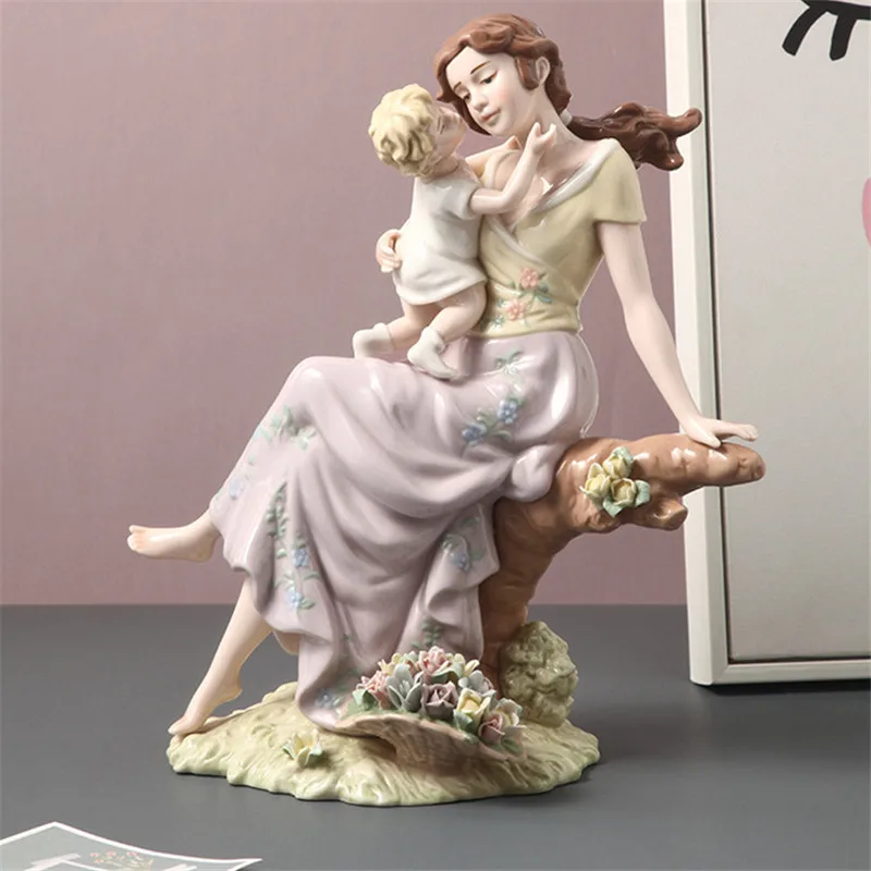 Patung Seni Ibu dan Anak Cantik Elegan Patung Wanita Barat Patung Anak Perempuan Kerajinan Keramik Dekorasi Rumah Kreatif R5300