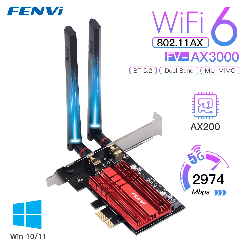 FENVI 3000Mbps WiFi 6 PCI-E BT5.2 Dual Band 2.4G/5Ghz Gaming Wireless PCIe Card Adapter 802.11AX WI-Fi 6E AX210 6Ghz For Win 11