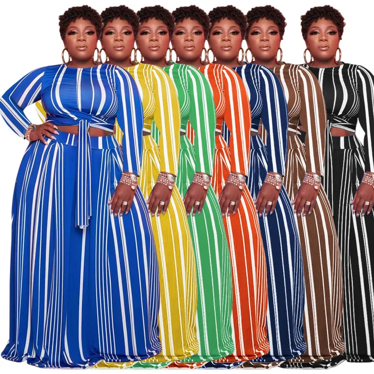 

Европейский и американский осенне-зимний Новый Модный повседневный комплект из двух предметов с принтом в полоску для женщин