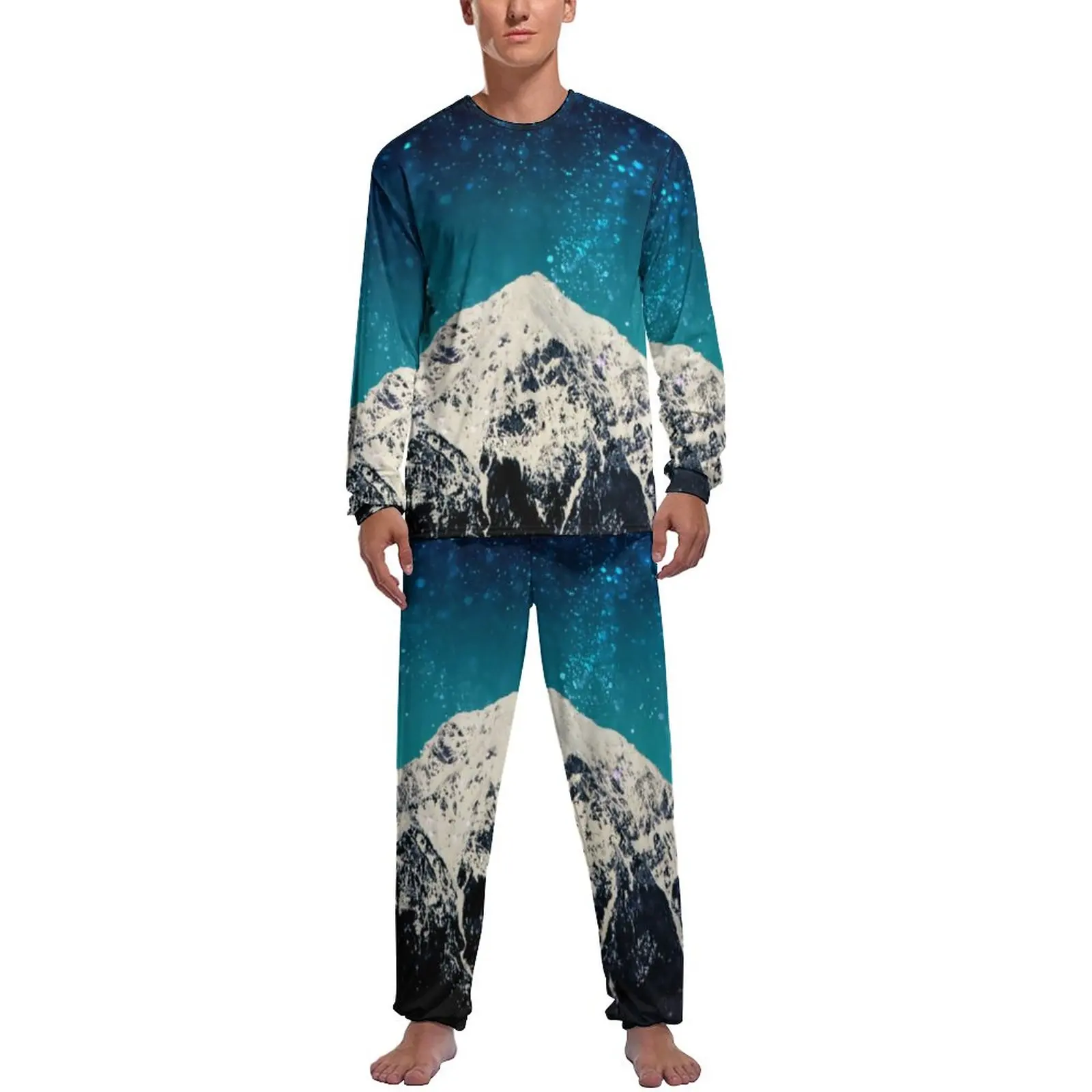 Dreamy Starry Pajamas Galaxy Mountain Men Long Sleeve Romantic Pajamas Set 2 Piece Home Spring Graphic Sleepwear Gift Idea