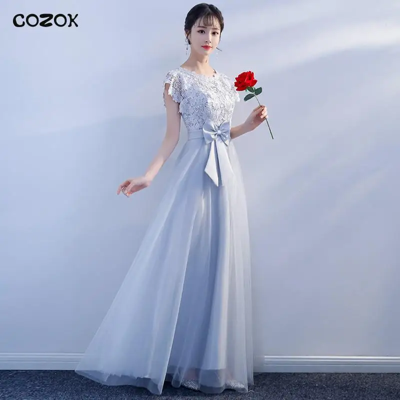 COZOK Lace-Mesh Patchwork Cheongsam Women Pleated Prom Party Dress Gown Bowknot Gray Qipao 2022 New Zipper Vestidos De Festa
