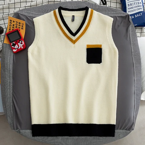 Мужской свитер в стиле преппи, жилет с V-образным вырезом, свитер без рукавов, Классический крой, пуловеры для кампуса, модные майки