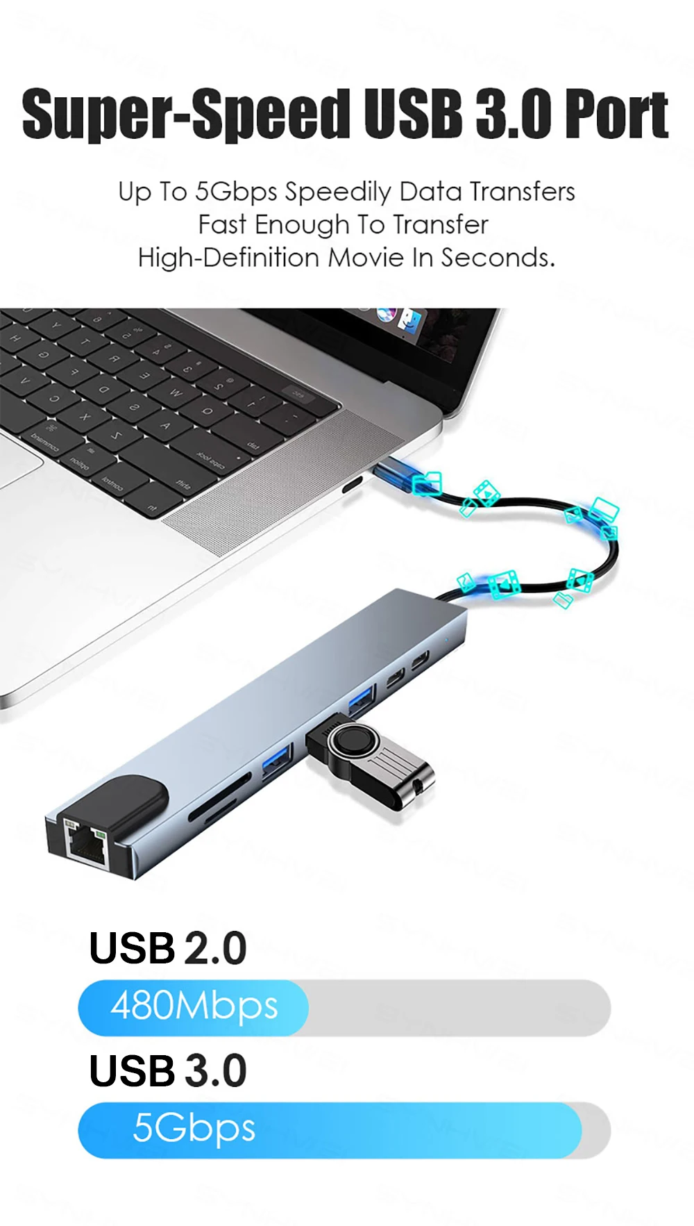 USB-концентратор 9 в 1 с HDMI 4K Ethernet 100 Вт PD Thunderbolt 3 стандартным портом данных USB 0 SD/TF Type C