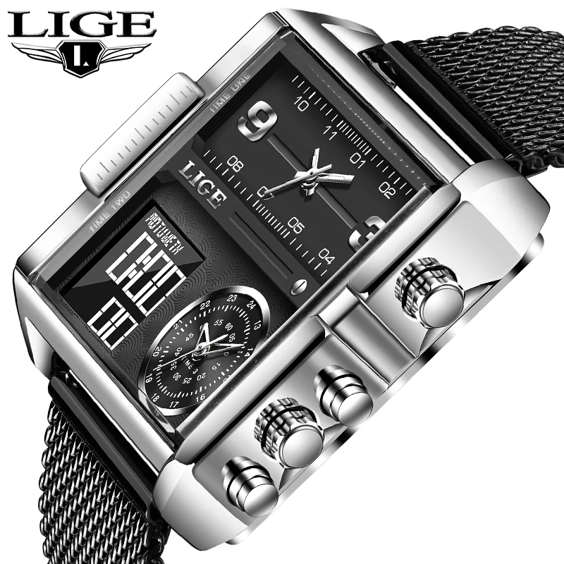 

Часы наручные LIGE мужские Кварцевые водонепроницаемые, Брендовые спортивные квадратные модные роскошные с хронографом, с силиконовым ремеш...