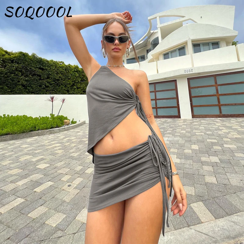 Женский летний комплект из двух предметов короткий топ на одно плечо и мини-юбка |