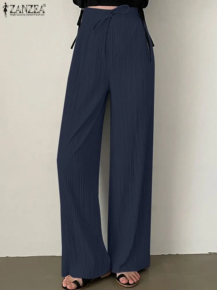 

ZANZEA Elegant Women OL Work Trousers Autumn High Waist Solid Wide Leg Pants Female Fashion Long Palazzo Casual Loose Pantalon