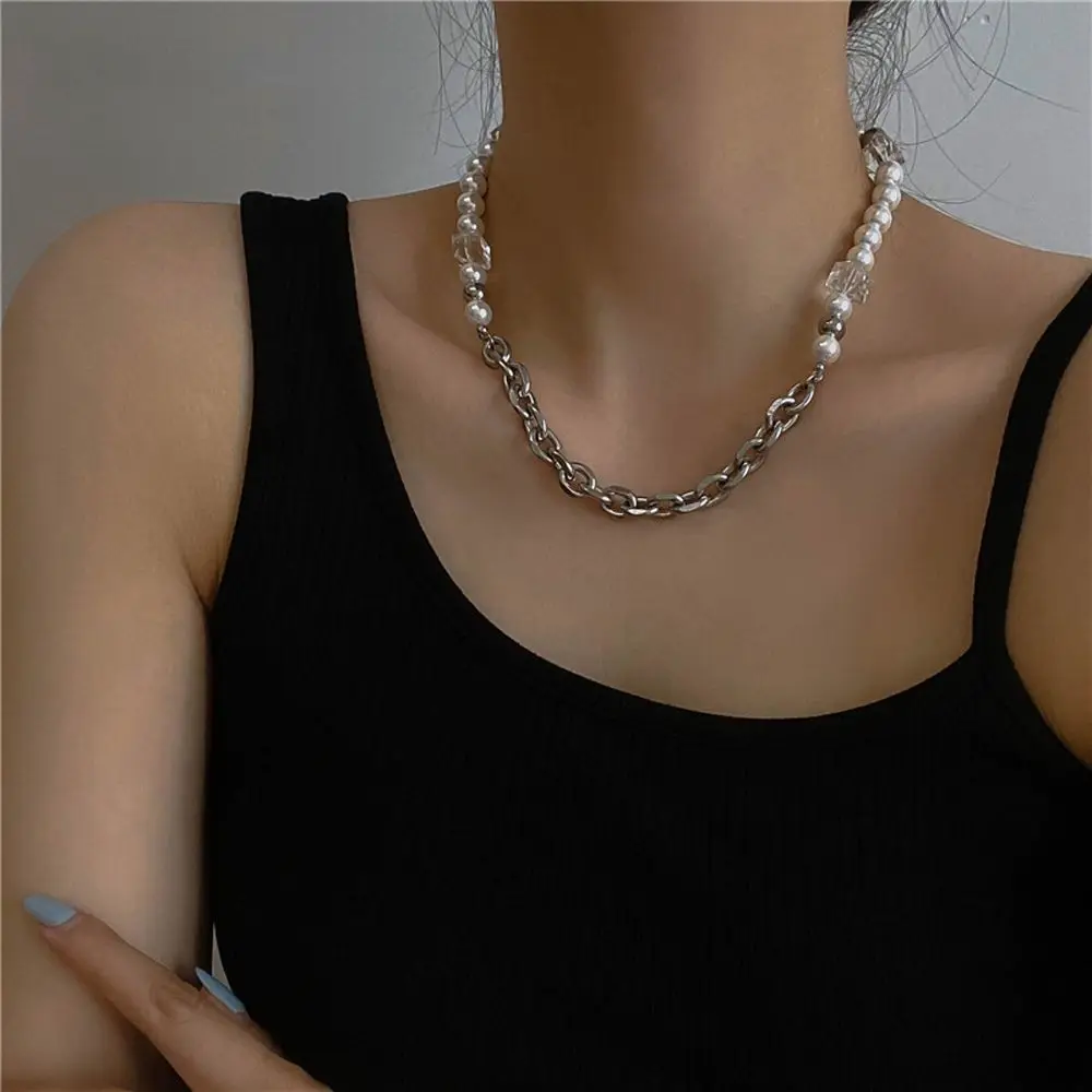 

Trendy Hip Hop Titanium Steel Retro Party Women Clavicle Chain Fashion Jewelry Female Bracelet Crystal Pearl Necklace