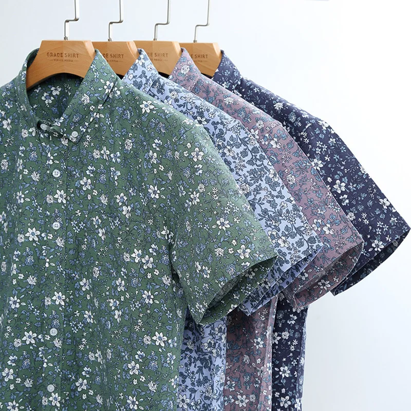 7XL Floral Large Size Men's Shirt Printing 100% Pure Cotton Casual Shirts Men Summer Short Sleeve Mens Shirt Casual Slim Fit