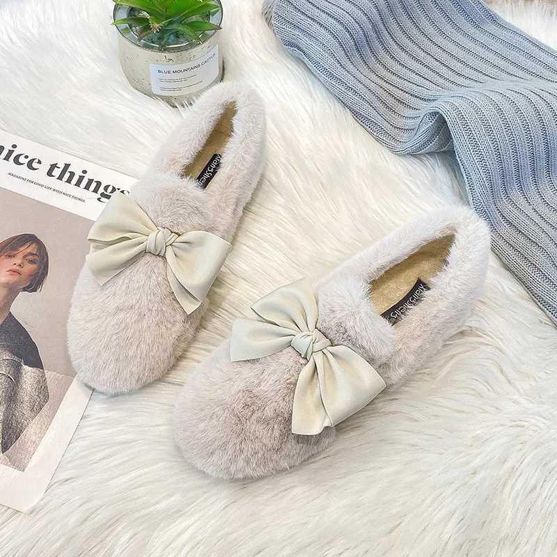 Women Winter Lace Butterfly-Knot Loafers Femme Plush Cotton Mocasines Fluffy Boots Big Size 35-43 Fur Flats Shoes