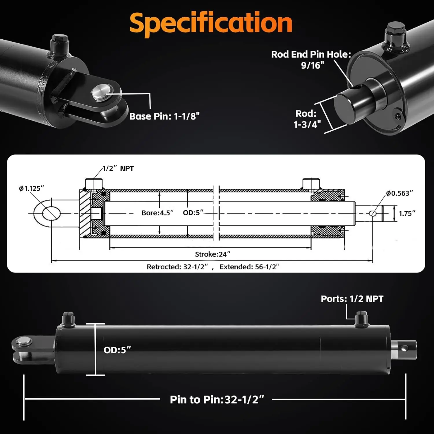 Гидравлический сплиттер MX цилиндр 4 5 дюйма отверстие x 24 ход 1 75 стержень