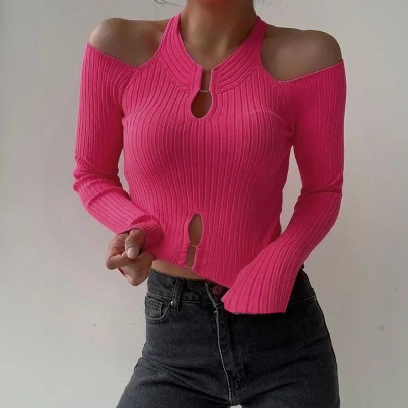 

2022 Fashion Y2K Hollow Out Sexy Women Sweaters Cold Shoulder Black Knitted Pullovers Long Sleeve Girls Short Tops Slim Tshirt