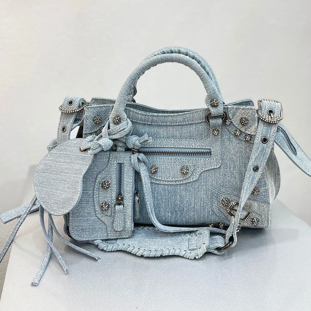 

Denim Blue Pink Y2K Crossbody Shoulder Purse Women Bags Biker Handbags Brand Gothic Fashion Rivets Mirror Decoration